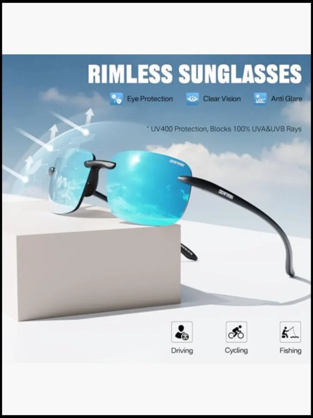 Rimless Polarized Sunglasses TR90 Frameless UV Protection for Driving Fishing